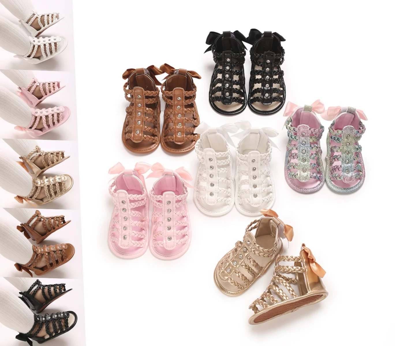 

Summer Roman Sandals Open Toe Woven Solid Color High Cut Minimalist Rivet Girl Baby Fashion Flat Sandals 0-18Months