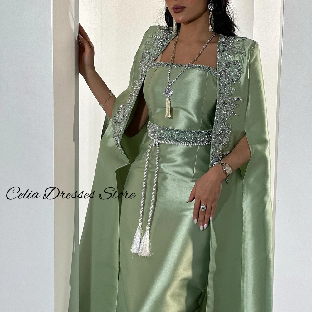 Luxury Green Satin Evening Dress Customized Elegant Strapless Homecoming Dresses Sparkly Crystal Beading Formal Occasion Gowns