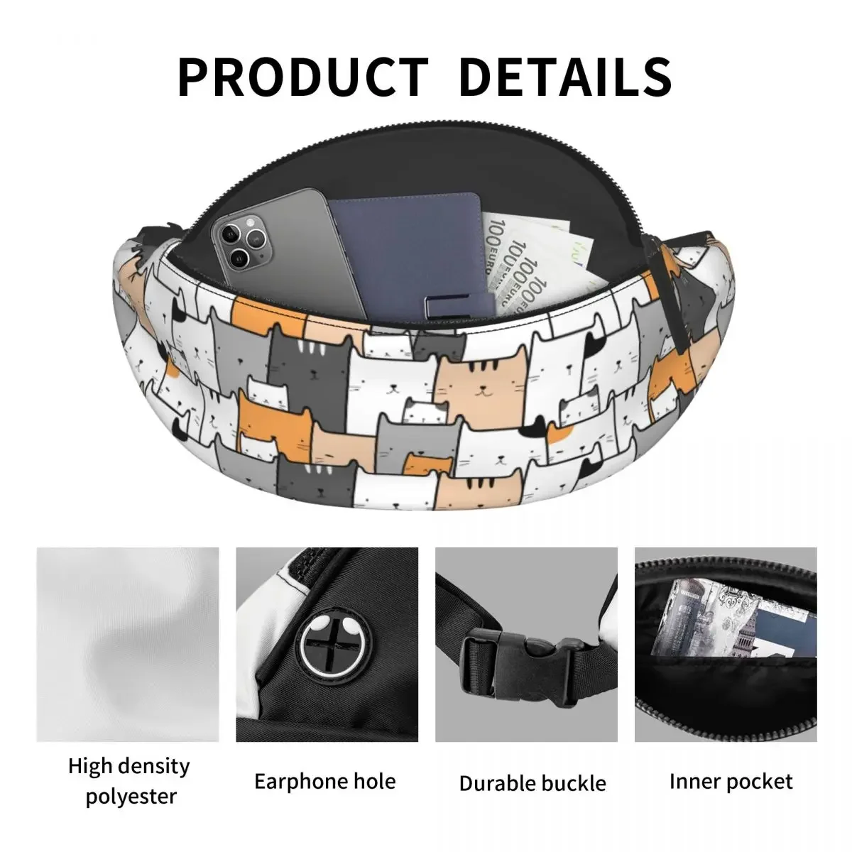 Gato dos desenhos animados Padrão Fanny Pack para mulheres e homens, gatinho bonito Crossbody, saco de cintura para viagem, ciclismo, bolsa de dinheiro para telefone