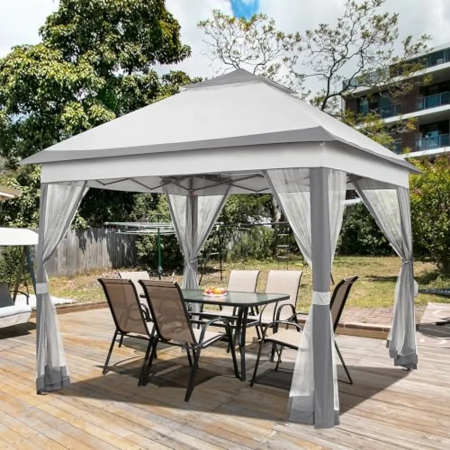 11x11 Pop Up Gazebo Double-Tier Canopy Tent w/Mesh Netting, Gray