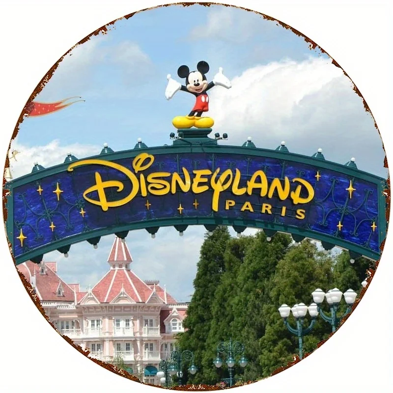 Letrero de pared plano de aluminio 2D, 1 pieza, Disneyland Paris, diseño retro de Mickey Mouse y noche estrellada, 20,32x20,32 cm, fácil de usar