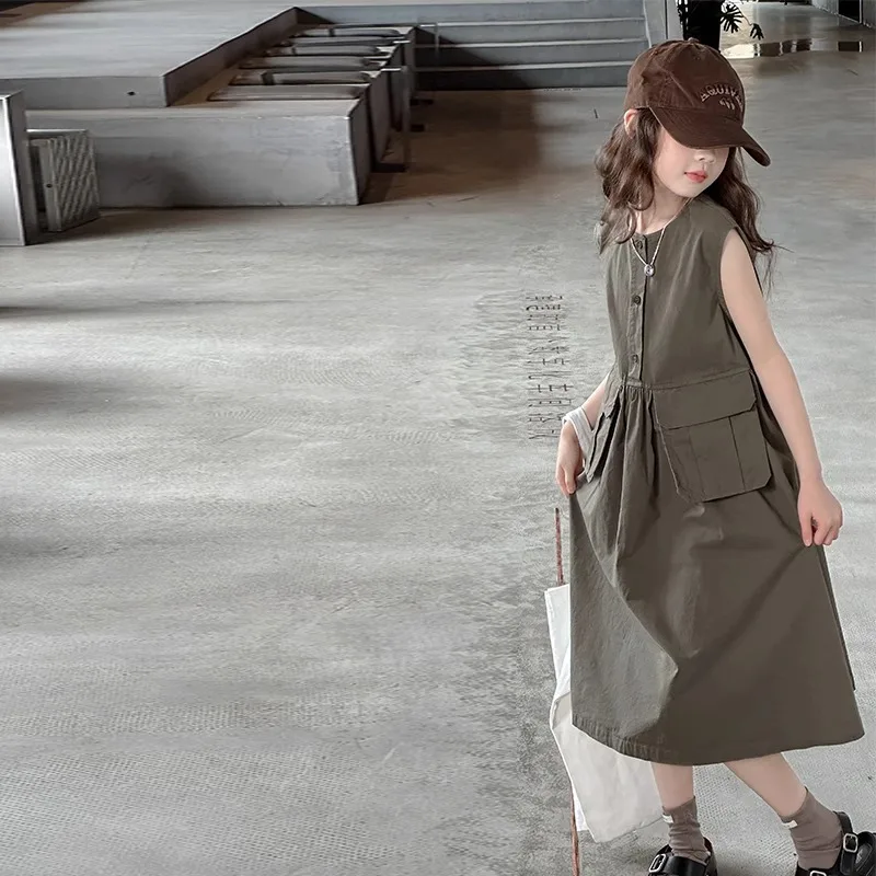 

Girls' Sleeveless Utility Princess Dress – Chic Style, Breathable Summer Casual Gown for Play, Vacation Party, Kids Daily Outfit