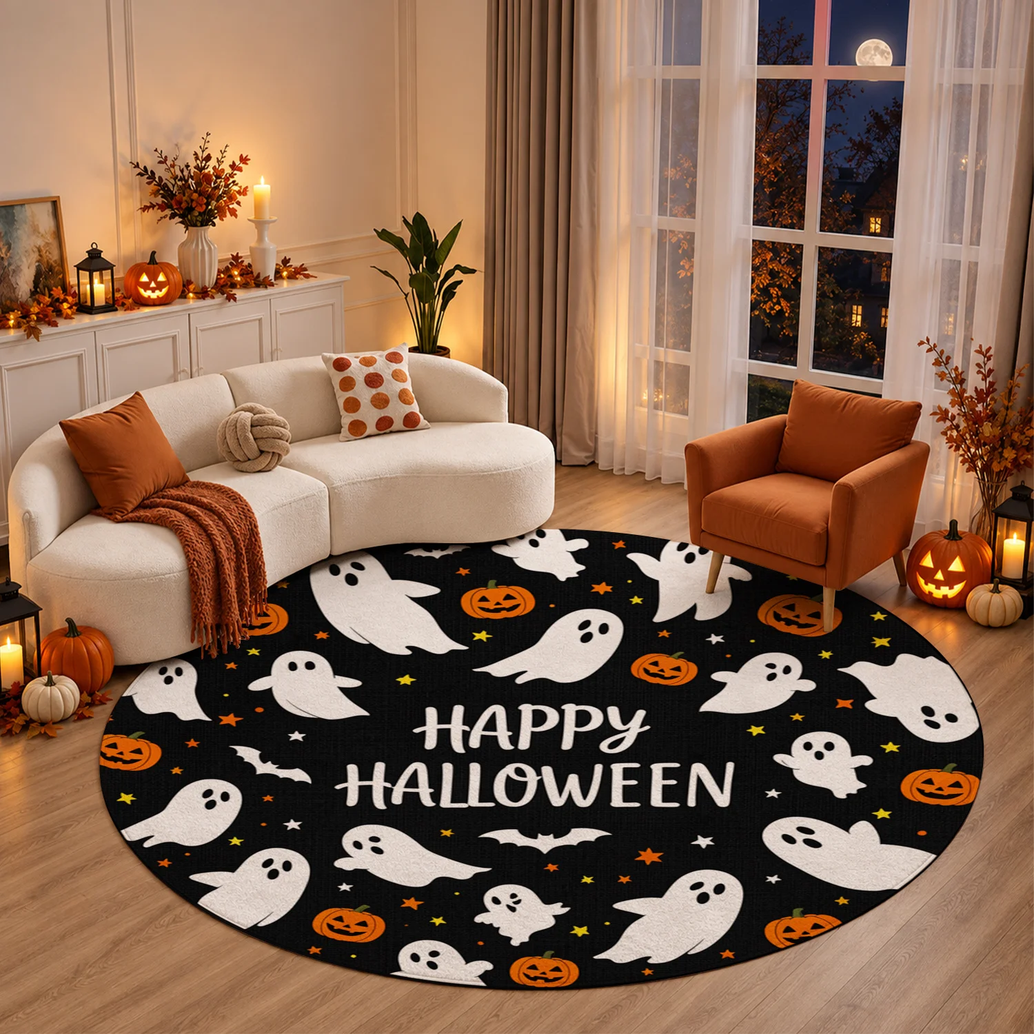 Cute Ghost Pumpkin Bat Pattern Round Velvet Rug, Machine Washable Soft Floor Mat for Living Room, Bedroom, Entryway, Dining Area, Ideal for Halloween, Thanksgiving, Christmas, New Year, Black Friday, Cyber Monday Home Decor