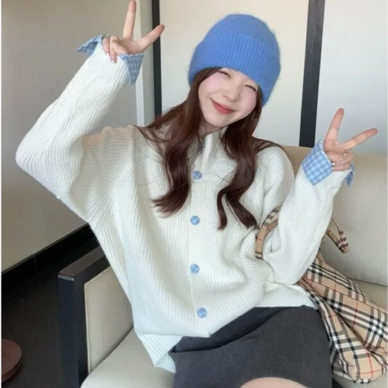 

Women's Sweater Knit Cardigan Spring Autumn Single Breasted Stand Collar Color Block Long Sleeve Soft Cotton Knit Sweater
