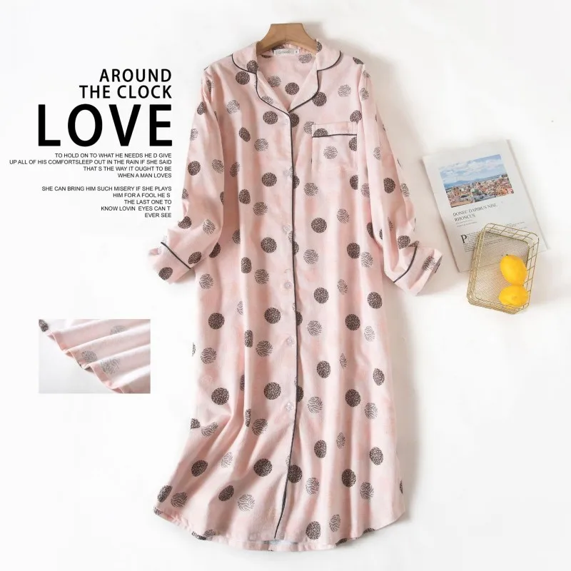 2024 Spring Autumn Female Casual Night Dress Ladies 100% Cotton Nightgown Women Long Sleeve Turn-down Collar Cardigan Sleepshirt