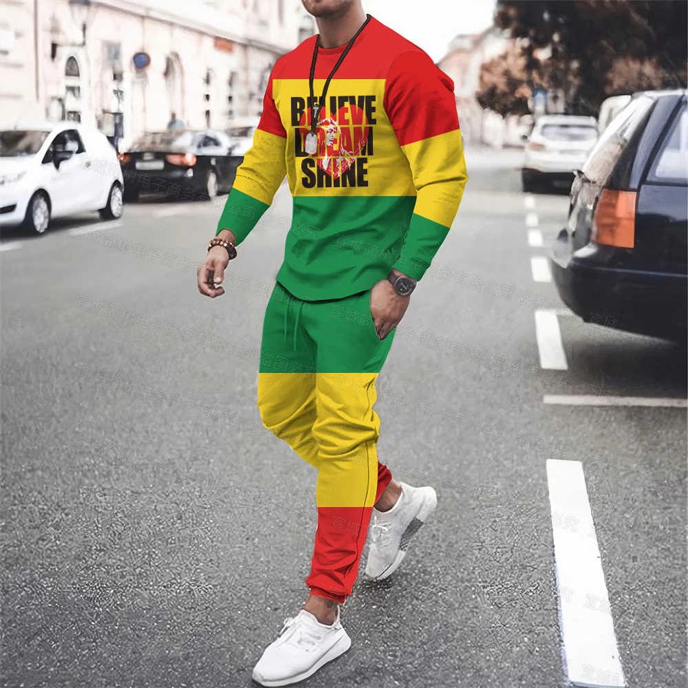 Conjunto de ropa deportiva de manga larga de Bob Marley para hombre, camiseta de manga larga y pantalones, traje informal de 2 piezas para correr y