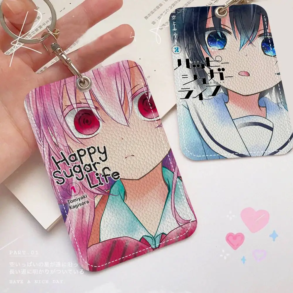 Happy Sugar Life Rectangle ID Card Case Keychain Access Card Bag Key Tag Ring Leather Card Holder Key Ring Access