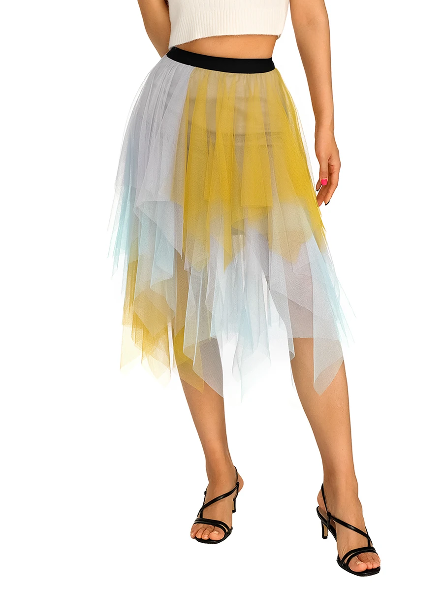 

Kimydreama Women Irregular Sheer Skirts Contrast Solid Color Elastic High Waist Ruffles Multi-Layered Tulle Tutu Skirt