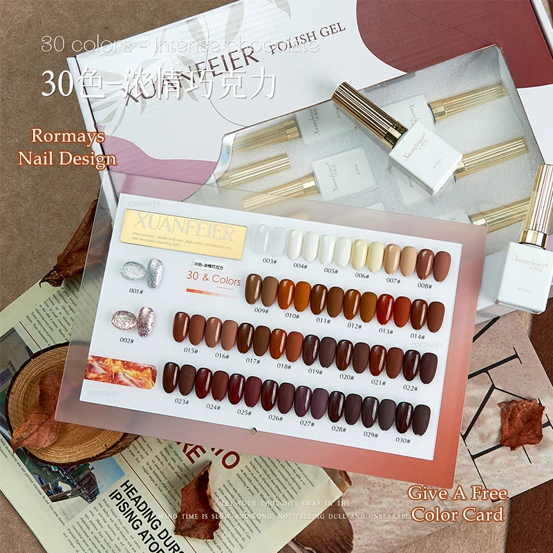 

Rormays Brown Caramel gel Polished 30PCS Mixed Varnish Soaked Chocolate UV Primer Nail Finish Solid Color Shiny Nail Kit 15ML