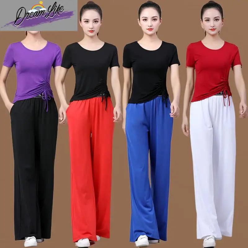 

Qui Dry Square Dance Outfit Women's ort Sve Wide Leg Pants Fitn Exercise Clothes Spor Ethnic Sle Summer Set