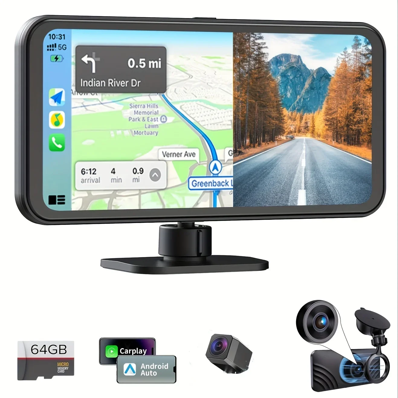 

Wireless 4K Car Touch Screen with Portable 6.25 Inch Display, Front Dual Camera for Android AutoDash, Wireless Play