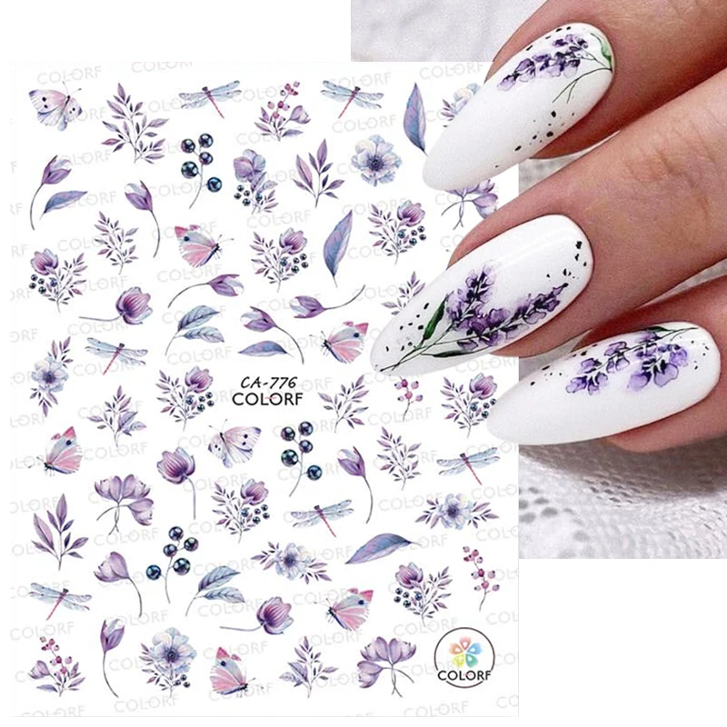 Purple Flower 3D Nail Stickers Green Leaf Floral Cherry Spring Nail Art Water Decals Sliders Manicure Butterfly Nail Tips Decor