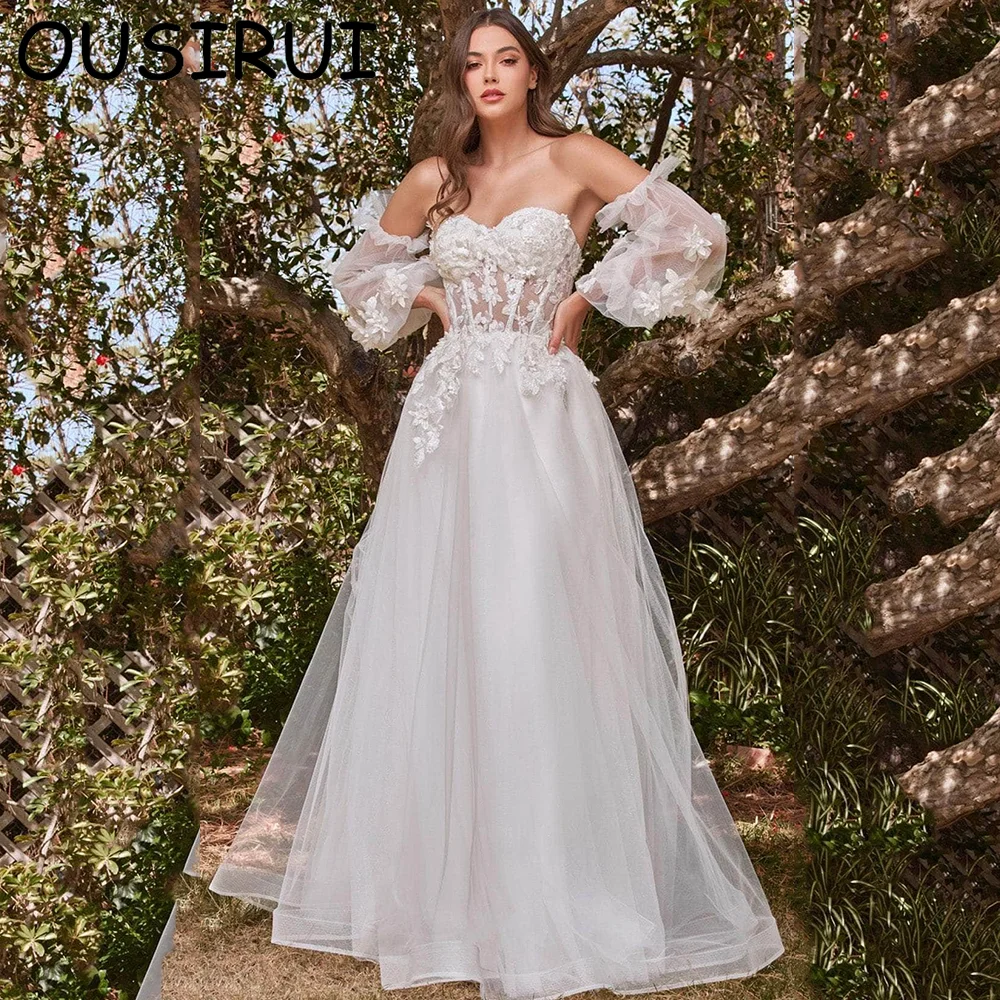 OUSIRUI Elegant Sweetheart Collar Tulle Wedding Bridal Dress with Appliques Lace A-lineLong Wedding Gown with Removable Sleeve