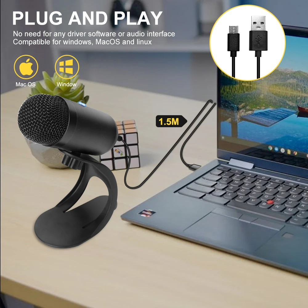 Recording Gaming Microphone PC Streaming Podcast Mic with Stand LED Mute Button USB Type C Plug for Instruments Voice YouTube