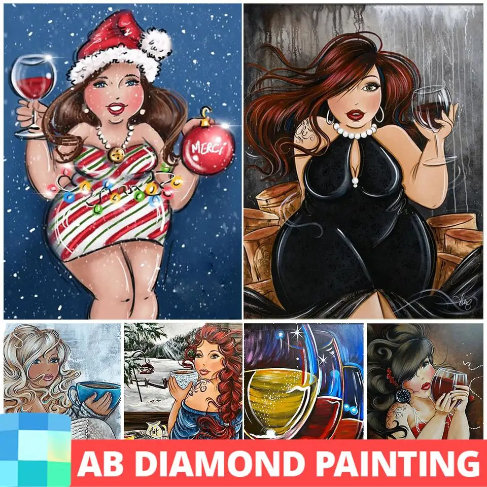 5D DIY Full Square Round AB Drill Diamond Embroidery Cartoon Wine Fat Lady Sexy Girl Mosaic Art Cross Stitch Home Decoration