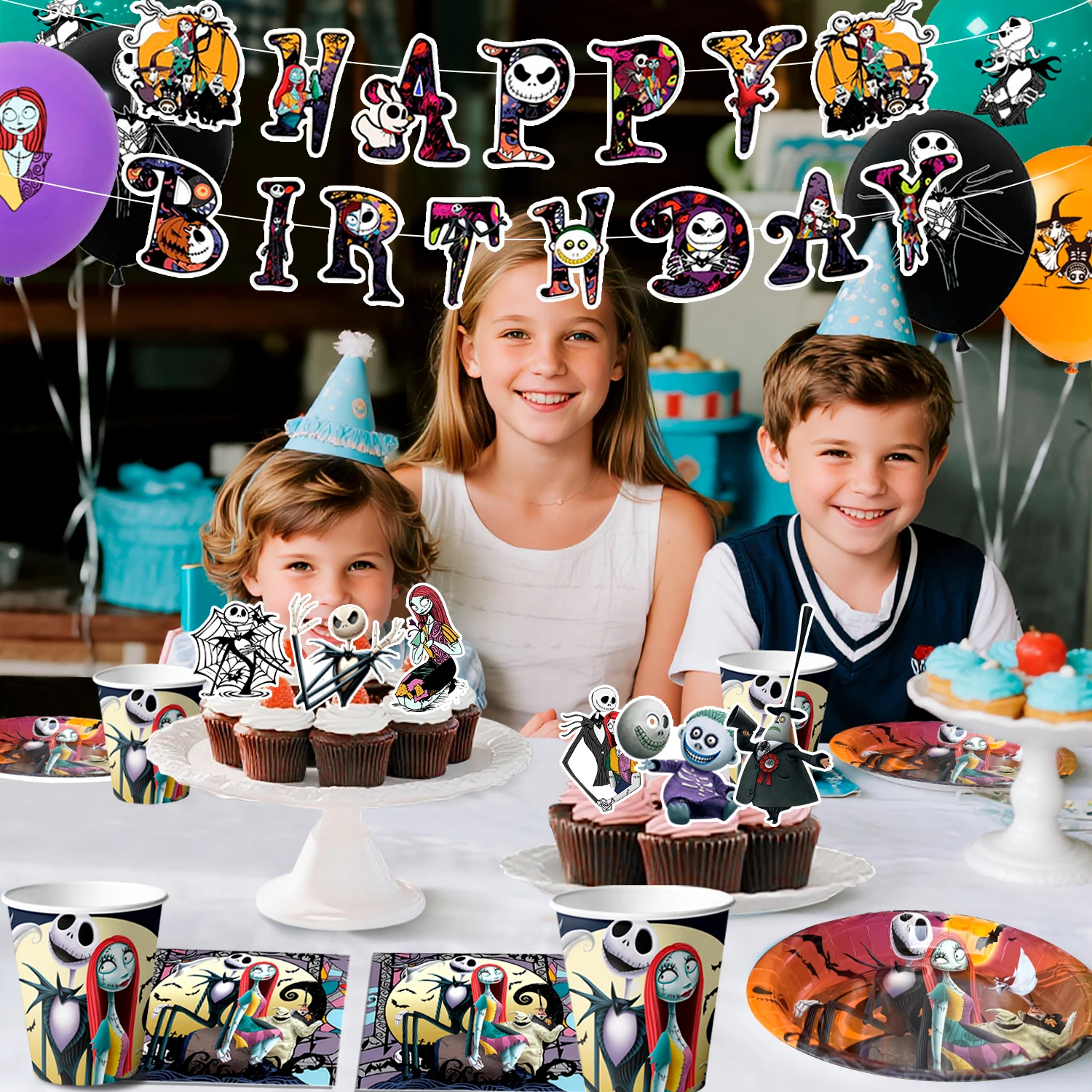 98 Uds. Decoración de fiesta de cumpleaños de pesadilla antes de Navidad y vajilla, platos navideños, tazas, globos, pancarta, telón de fondo, etc.