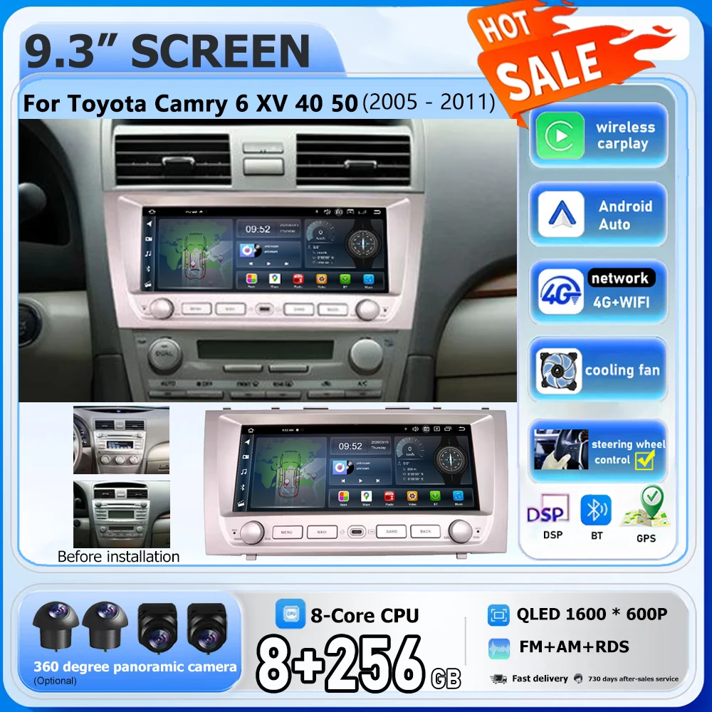 Android 16 9,3" Wireless CarPlay für Toyota Camry 6 XV 40 50 2005-2011 Autoradio GPS Multimedia-Player 4G WiFi BT Split-Screen