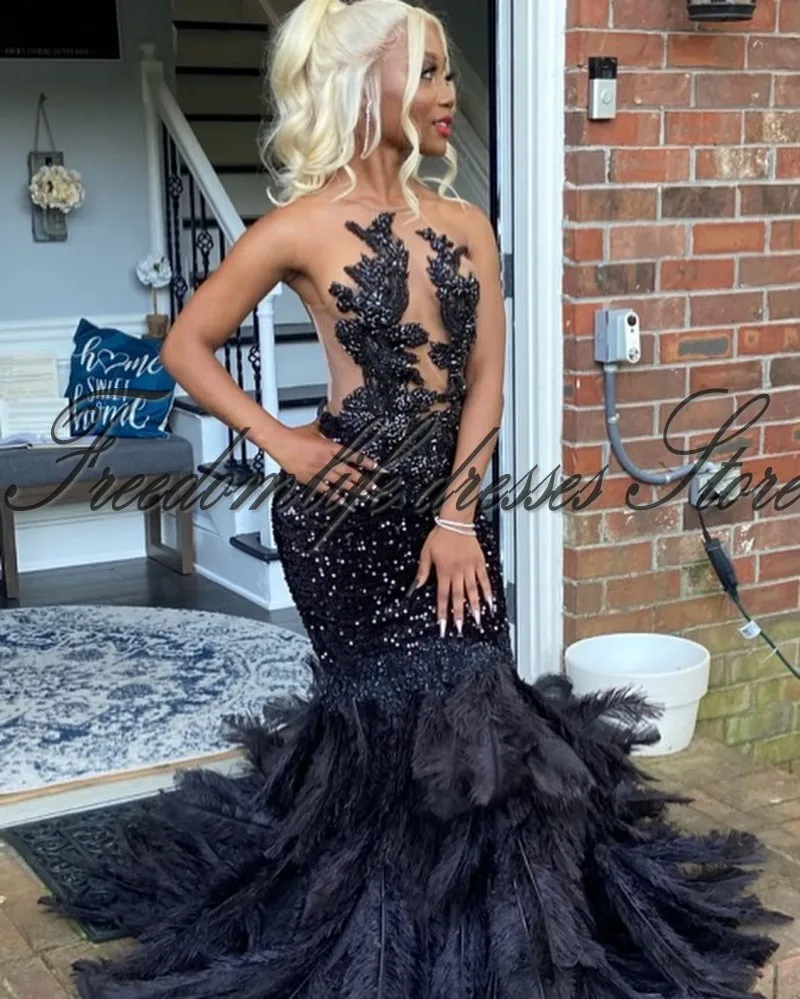 Luxury Feathers Prom Dress For Women 2024 Crystal Backless Sequin Mermaid Party Gowns Black Girls Vestidos De Graduación