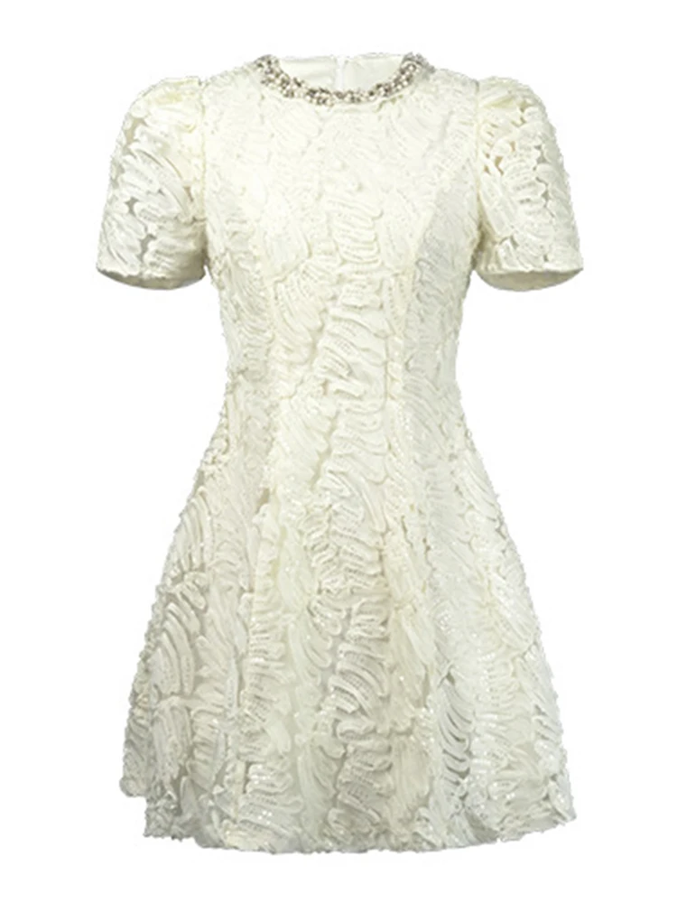 Women Clothes Evening White Lace Sequin Pearl O-Neck Slim A-Line Mini Short Dress Elegant Luxury Lady Fashion Party Prom Vestido