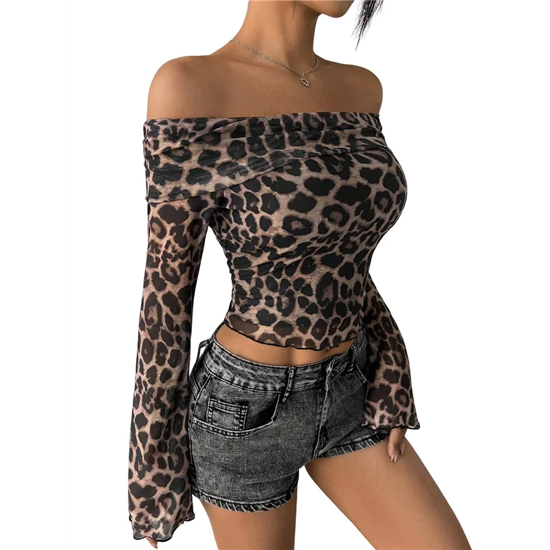 

【B07R】Женский сетчатый топ с открытыми плечами и леопардовым принтом, прозрачный прозрачный тонкий расклешенный топ с длинными рукавами и расклешенными манжетами Y2K, укороченная блузка, топ