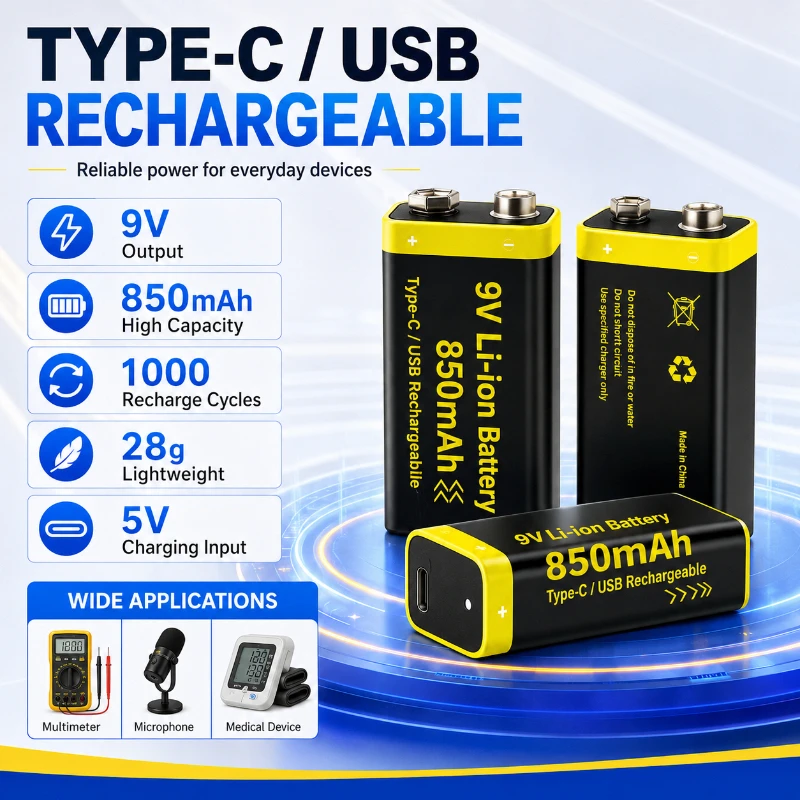 9V 850mAh Rechargeable Battery Square Multimeter Medical Instrument Type C Charging Port Microphone USB Lithium Battery