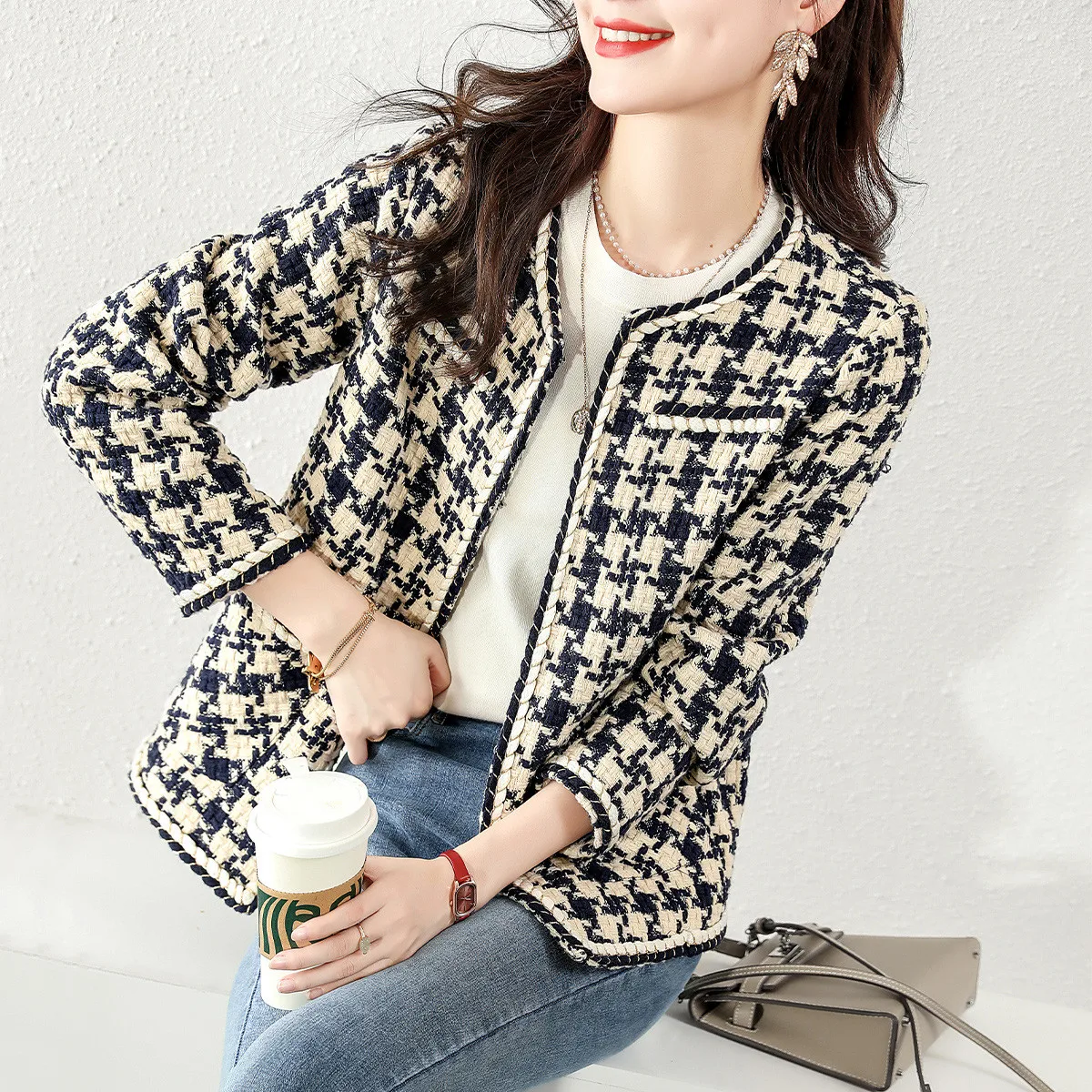 

Отка Клетчатое пальто для женщин Осень Зима Sweet Sle Thiened Полиэфирное волокно круглый Ne Long Sve No Brand Registered Tra...