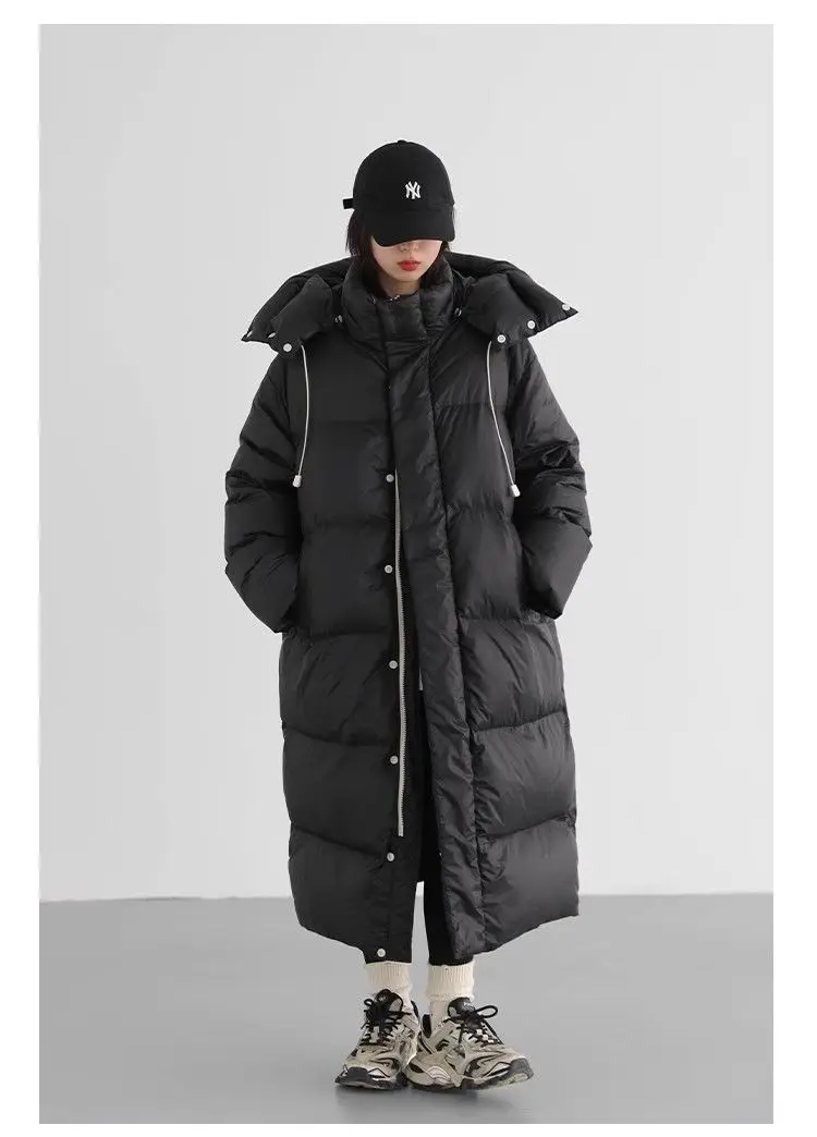 Winter New Down Coat Women Mid Length Windproof Hooded Standing Collar Loose Warm Casual White Duck Down Coat