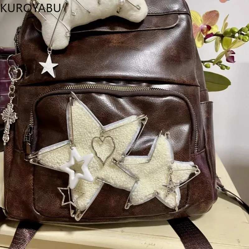 Streetwear Y2k Japanese Harajuku Star Bone Fashion Backpacks Leather Vintage Large Capacity Cool Spicy Girl Backpack Schoolbags