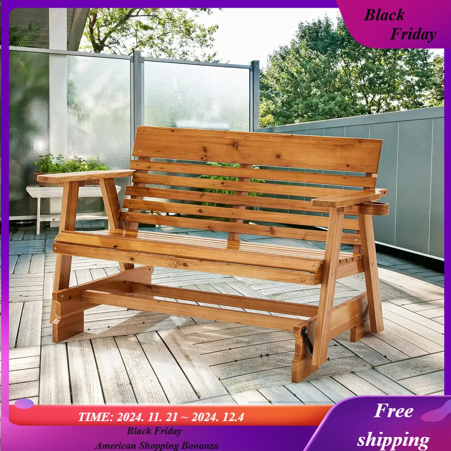 Wooden Patio Glider Bench with Cup Holders, Outdoor Loveseat Glider with Ergonomic Deep Contoured Seat