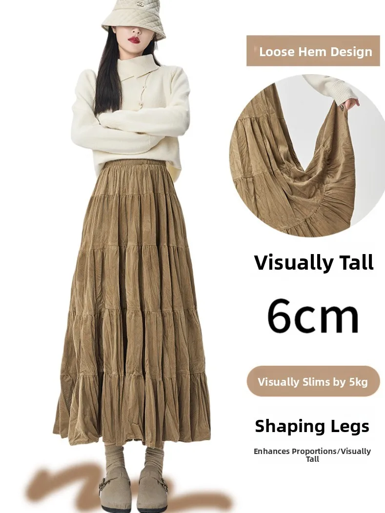 Bla velours a-ligne jupe Midi femmes automne hiver complet froncé plis parapluie jupe taille haute gâteau jupe coréenne Sle