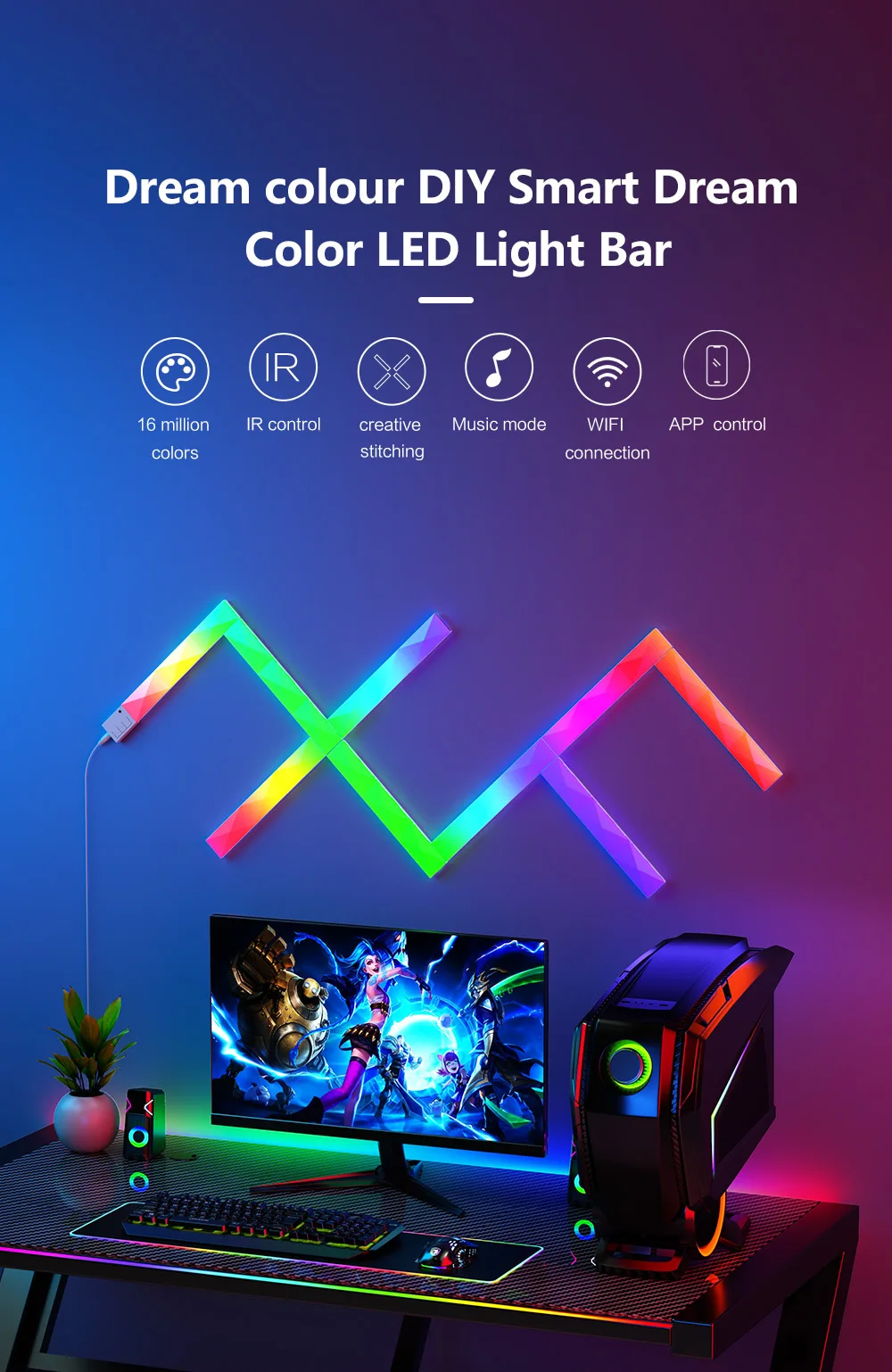 Smart LED Lightbar RGB Light Wall Light Indoor, WiFi RGBIC Light Panels Smart works with Alexa and Google DIY design, APP/6 LED