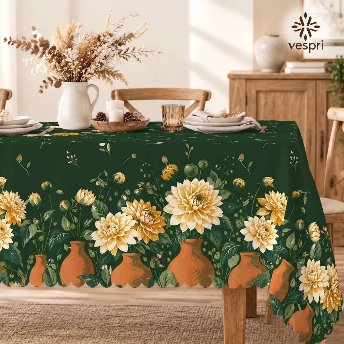 Cottage Tablecloth with Flower Vases & Fountains for Indoor/Outdoor Camping decor, Rectangular/Round/Oval