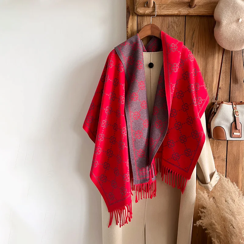 Marken-Jacquard-Design, zweiseitiger Winterschal, Kaschmir, weich, warm, lange Fransen, Pashmina-Schal, kältebeständig, winddicht, Deckenschal – Detail 8