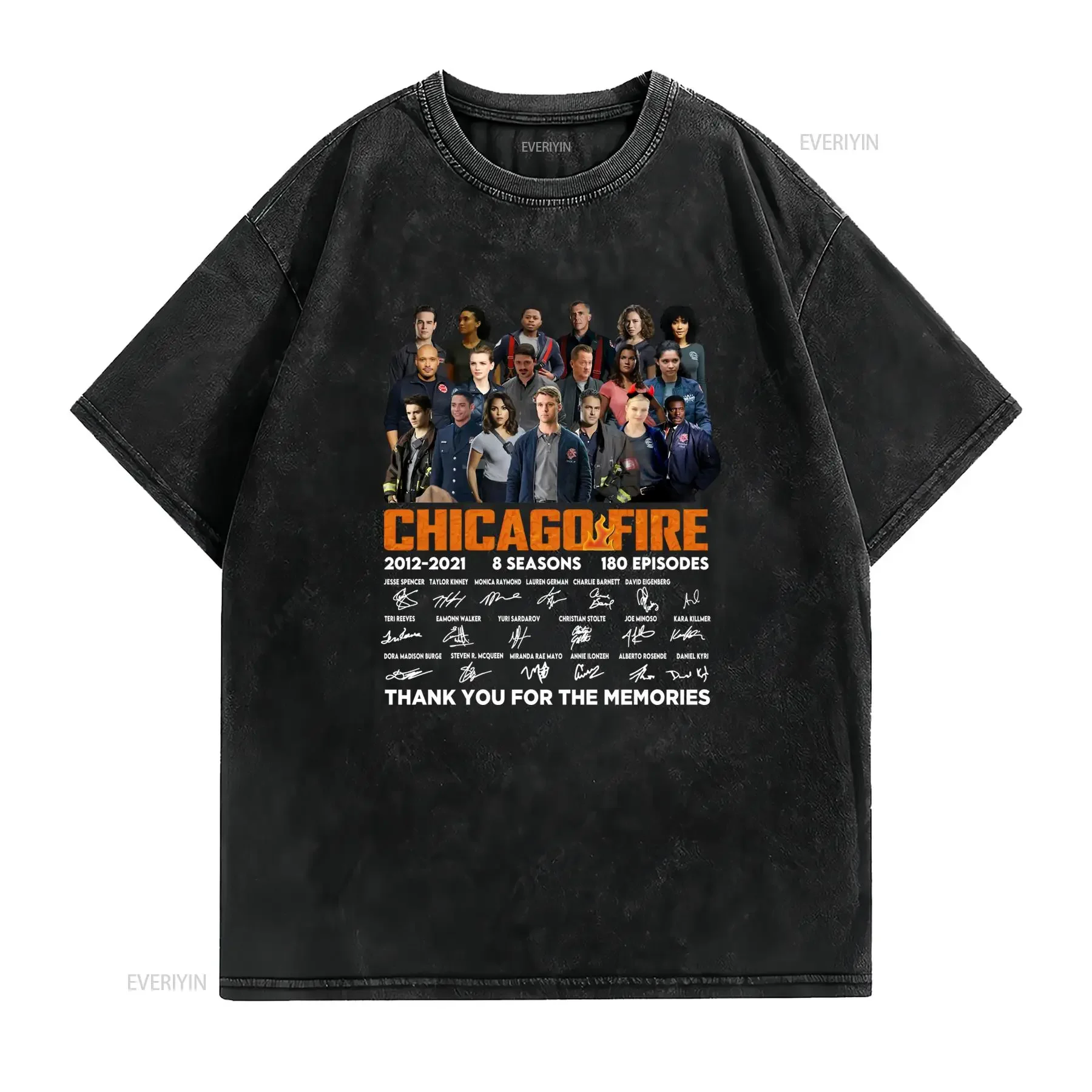 Vintage Chicago Fire All Cast Signature 8 Seasons Memorial Print Casual T Shirt vintage Washed Top For Everyday Wear
