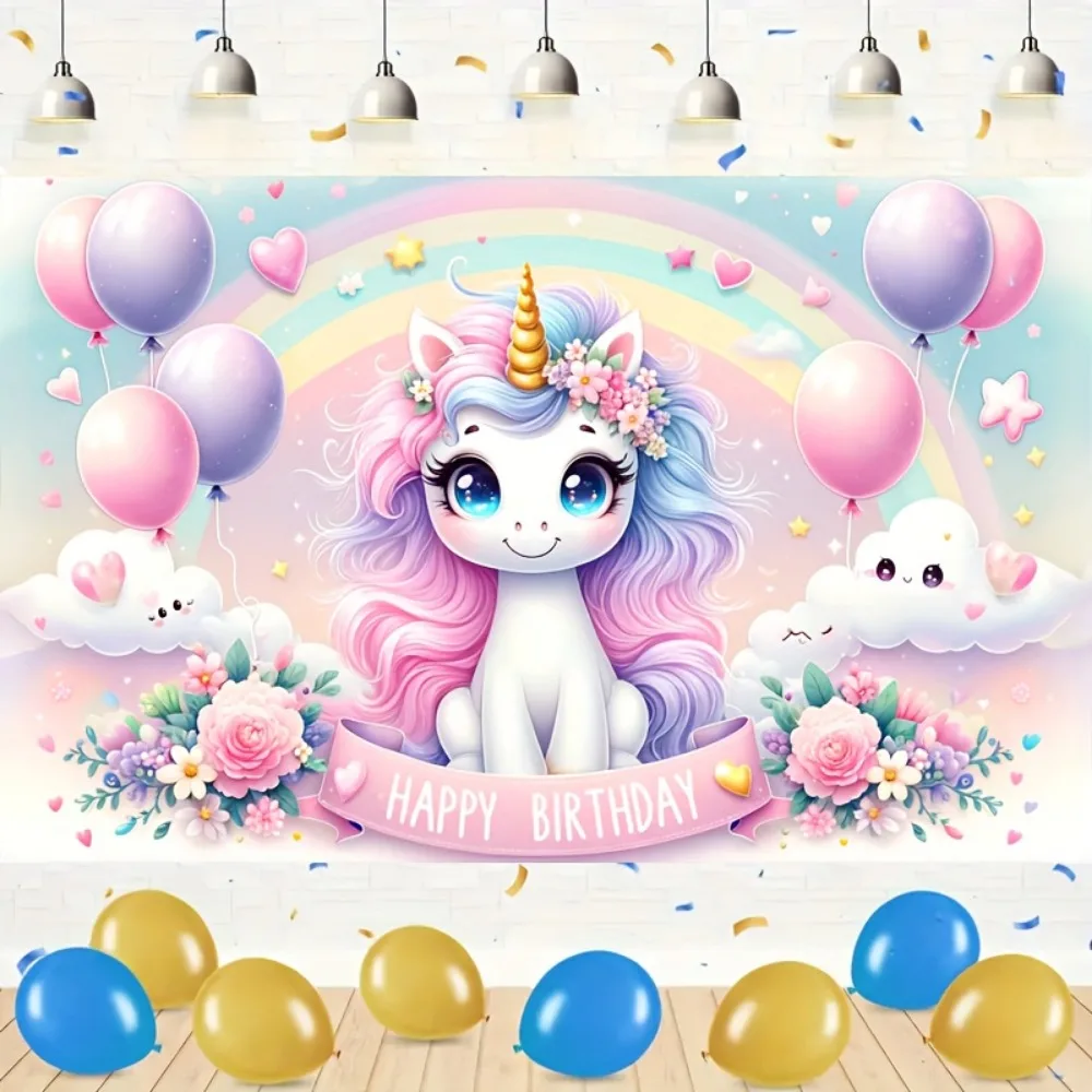 Enchanting Pink Unicorn Happy Birthday Backdrop,Polyester, No Power Needed, Perfect For Outdoor Celebrations & Magical Decor