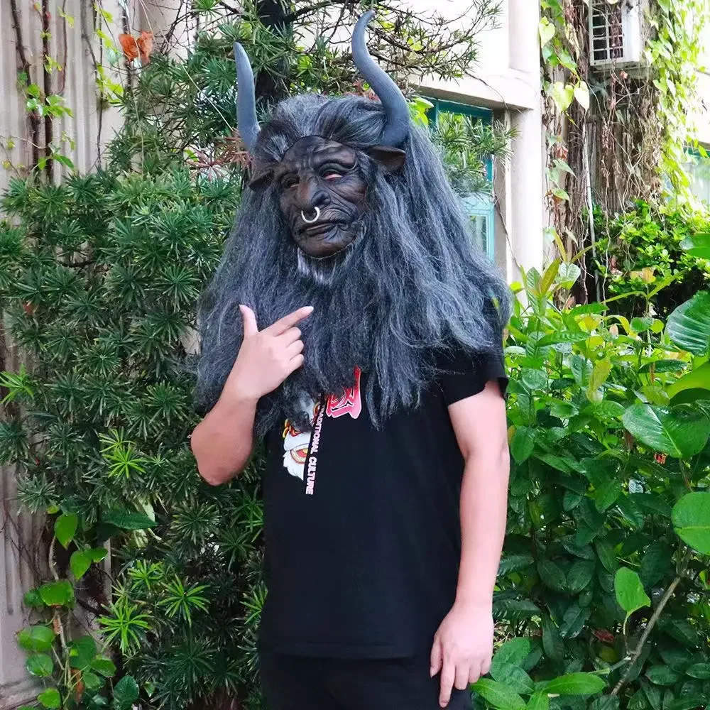 Masque d'horreur minotaure avec perruque, masque de Cosplay du film, bête effrayante, couvre-tête de monstre, fête de carnaval