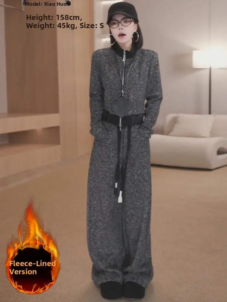 

Women's Casual Sportswear Set Fleece Lined Wide Leg Pants Grey Oversized Top Bottoms Two Piece Suit Winter Fashion