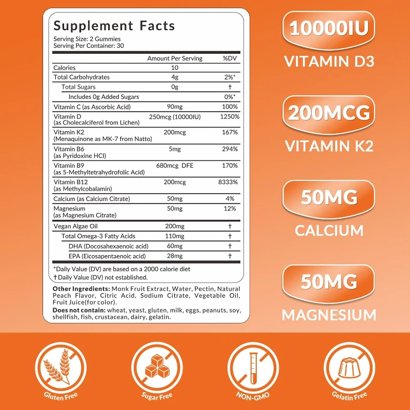 125 Mcg Vitamin D3, 200 Mcg Vitamin K2, Promotes Strong Bones, Calcium Absorption, Teeth, Heart and Cardiovascular Health
