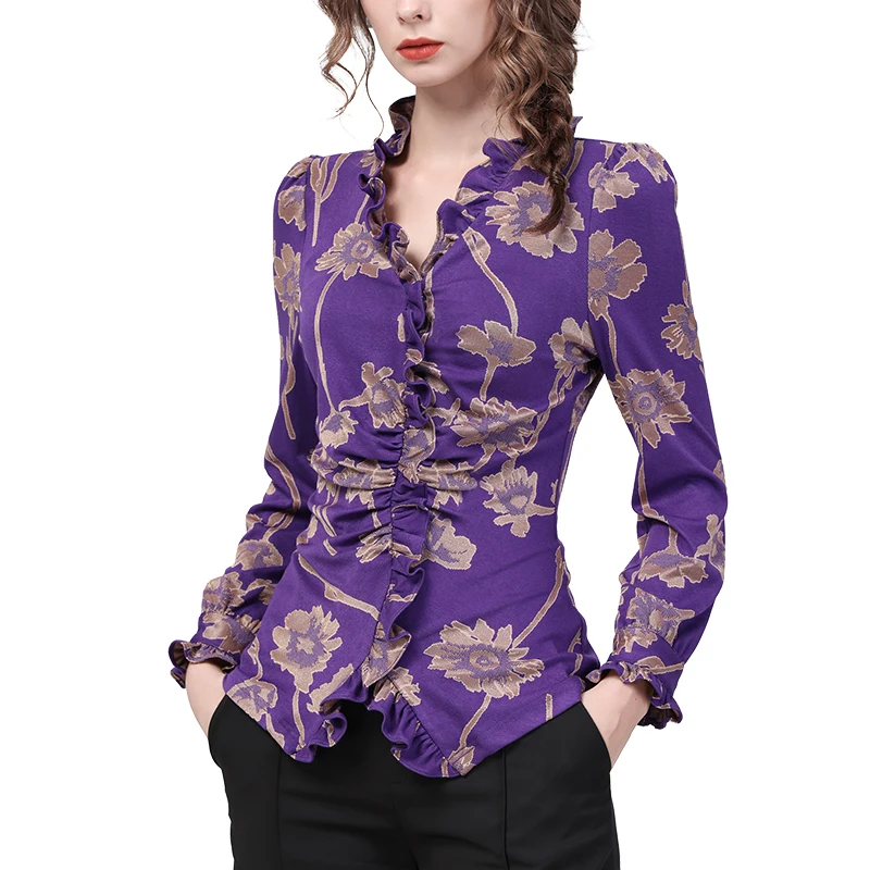 Imagem -06 - Vintage Floral Impresso Womens Stretching Alongamento Camisa de Malha Elegante Magro Babados Topos 2023 Outono Nova Manga Longa Blusas de Malha com Decote em v