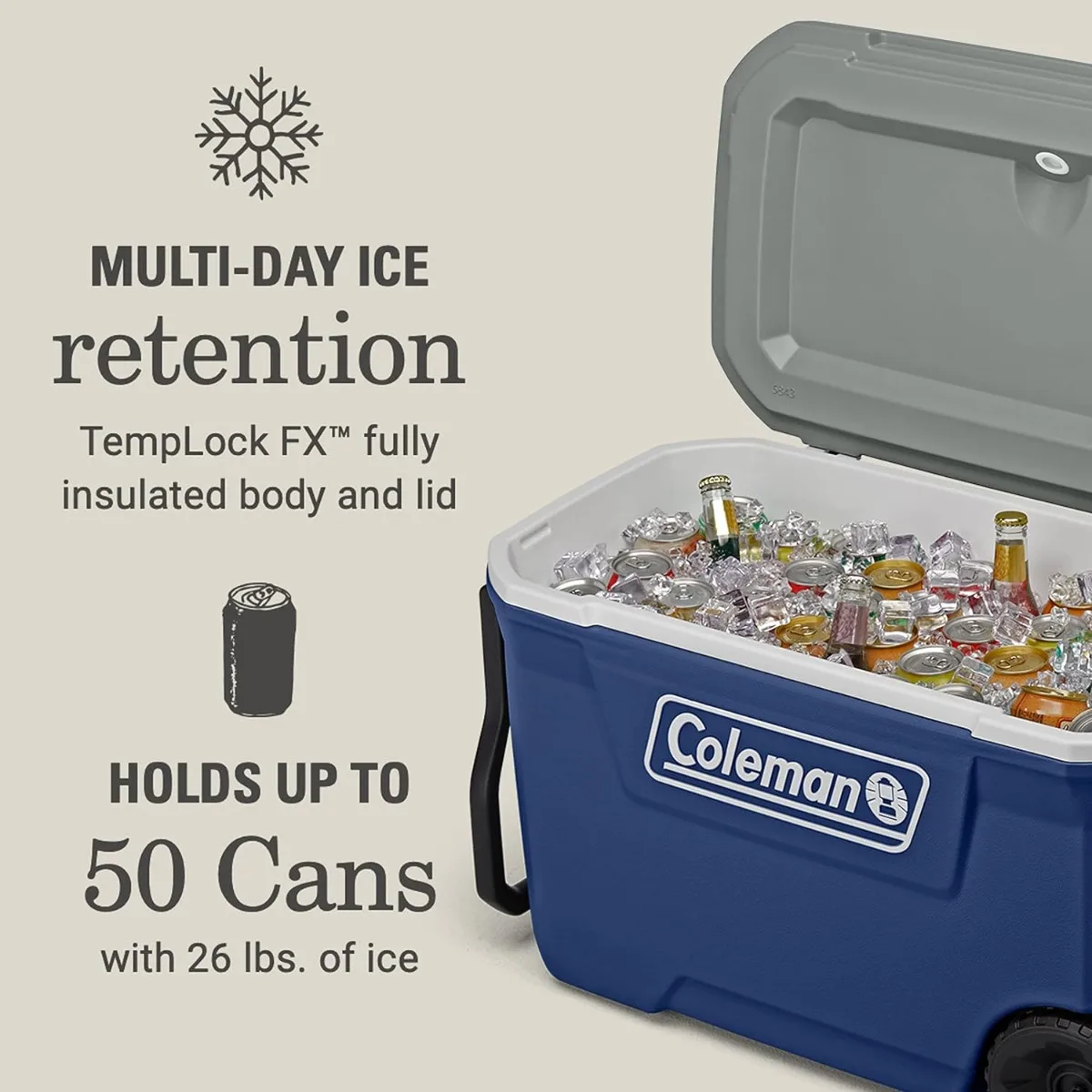 316 Series Insulated Portable Cooler with Heavy Duty Wheels, Leak-Proof Wheeled Cooler with 100+ Can Capacity 62qt