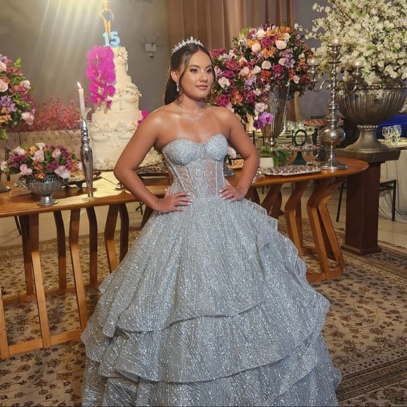 

Shiny silver gray Quinceanera Dress off-shoulder Lace layering Long tail vestidos de 15 Quinceanera ﻿Customize