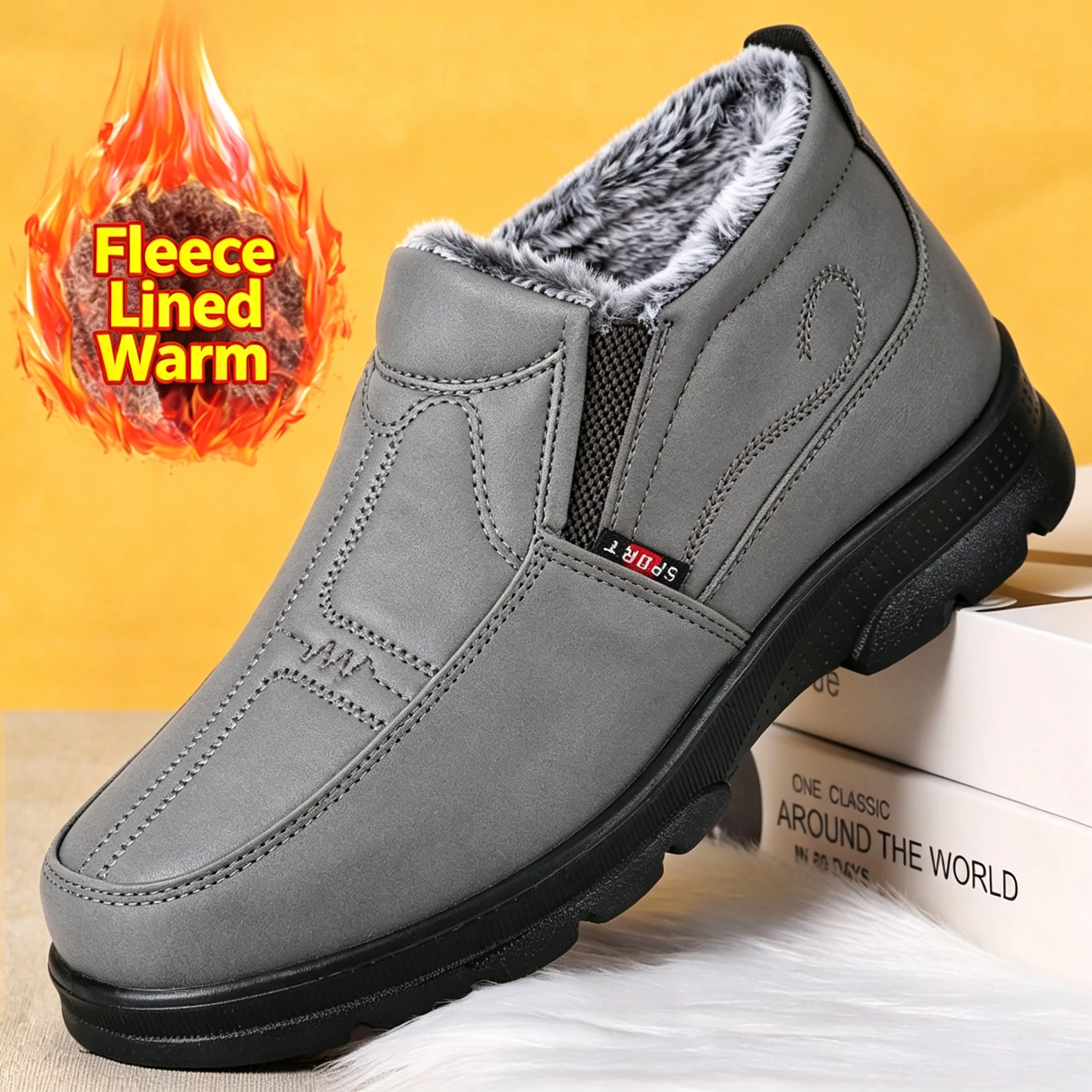 Men Winter Slip On Ankle Boots, Faux Leather Fleece Lined Warm Shoes, Non-Slip Thick Sole Casual Outdoor Cold-Proof Short Boots