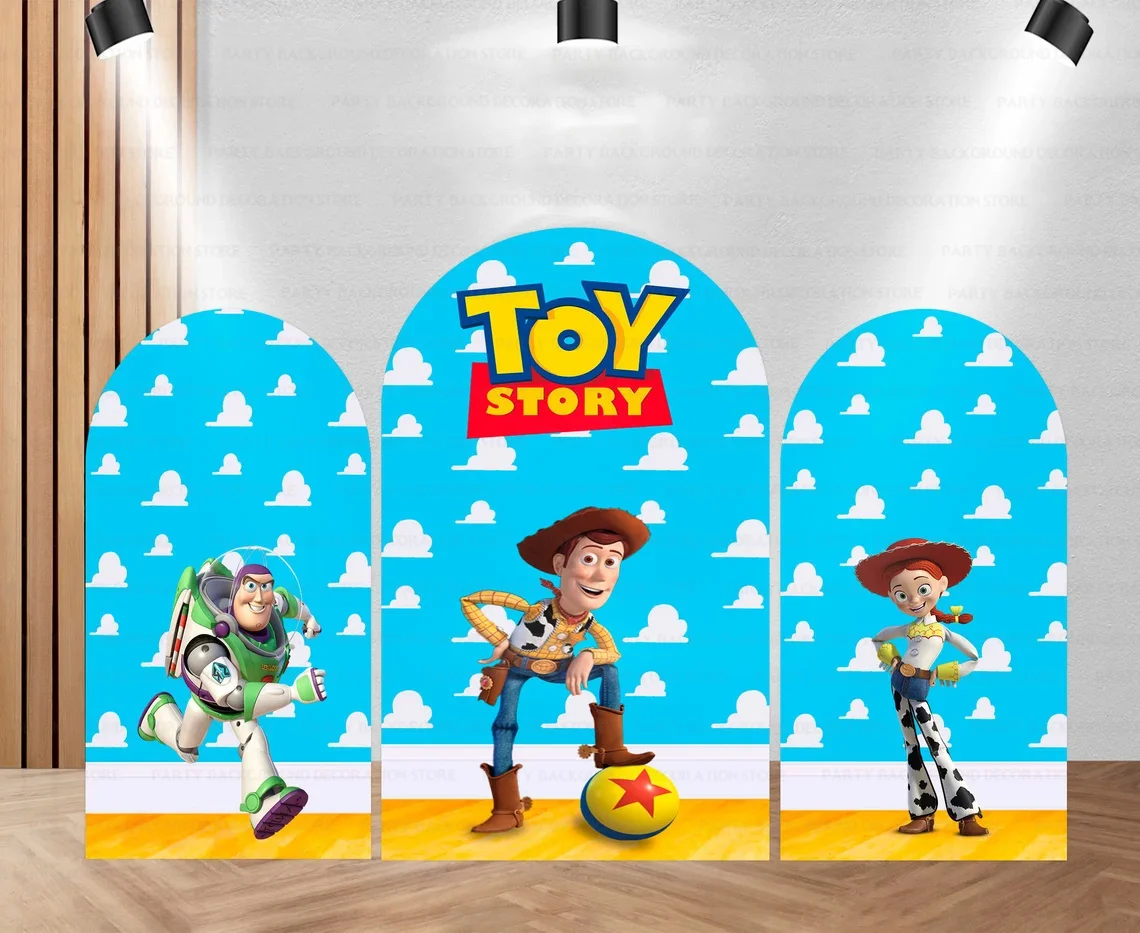 Imagem -04 - Disney Toy Story Custom Photo Backdrop Buzz Lightyear Woody Jessie Arch Capa Fotografia Fundo Festa de Aniversário