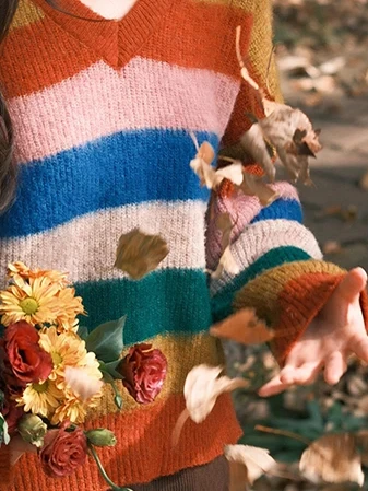 Suéter de Punto con Cuello en V Estilo Coreano de Moda, Rayas Arcoíris, Estilo Universitario Informal, Combinable con Todo, E...