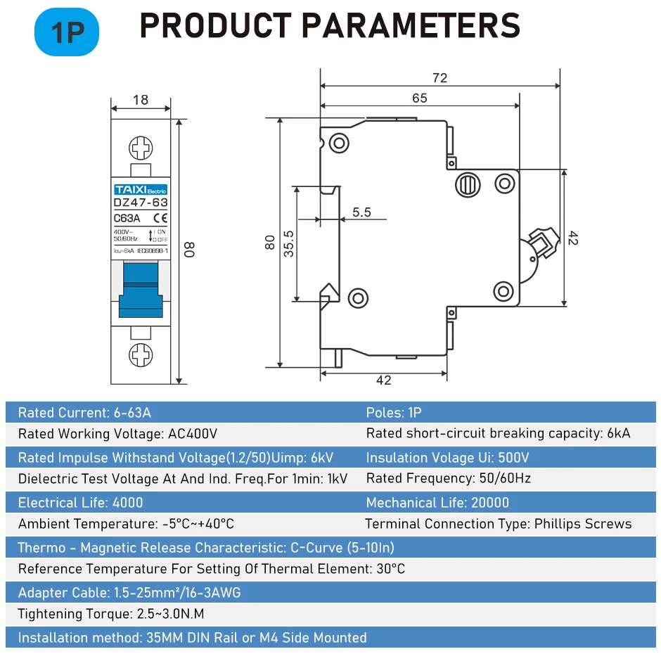 AC Circuit breaker MCB DZ47  6A 10A 16A 20A 25A 32A 40A 50A 63A 220V Circuit Overload, Disconnect, Short Circuit Protection