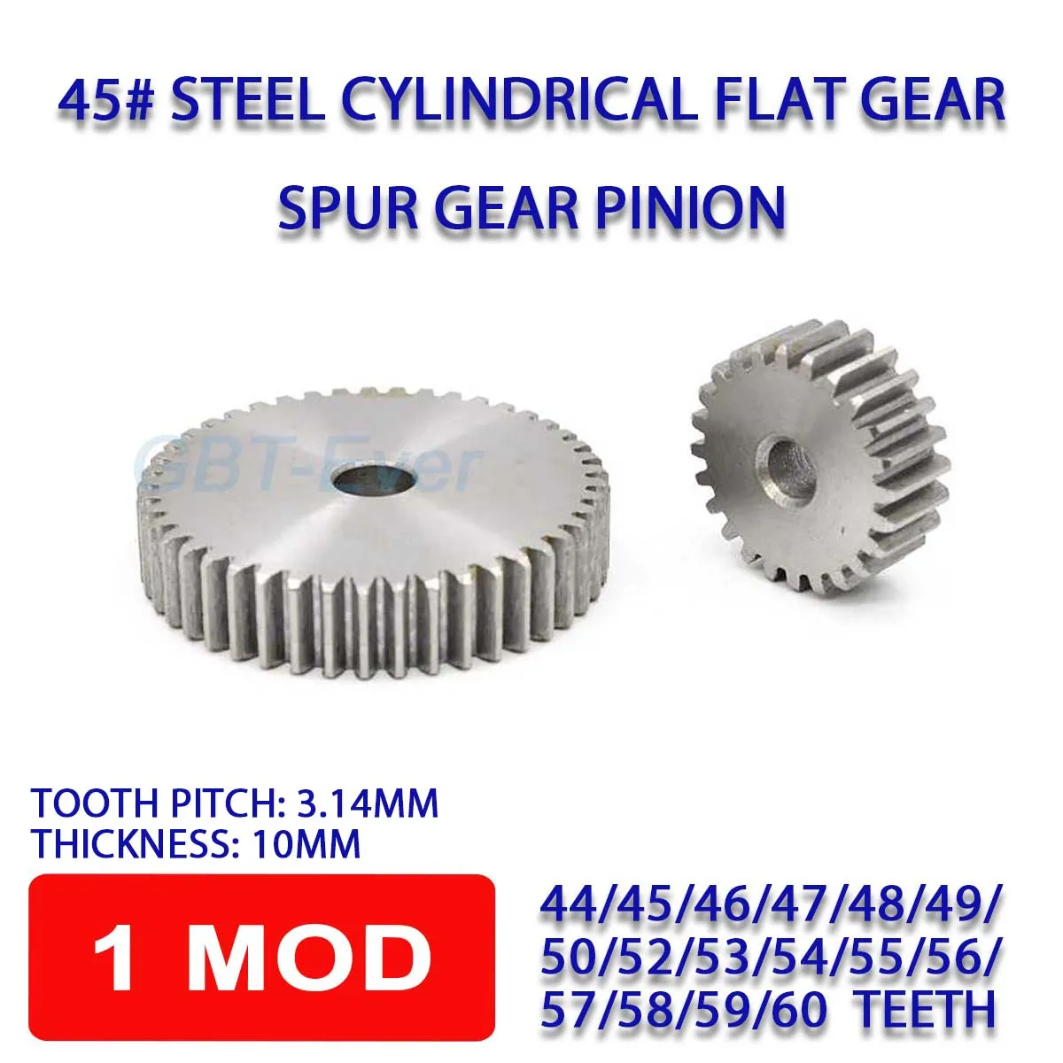 1Pcs 1M 44T-60T Pinion Spur Gear 1 Mod Cylindrical Flat Gear 44/45/46/47/48/49/50/52/53/54/55/56/57/58/59/60 Teeth 45# Steel