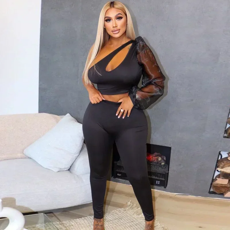 

GUWU Sexy Mesh One Long Sleeve Crop Top Legging Pants Suit Women Two Piece Outfit Matching Set Tracksuit