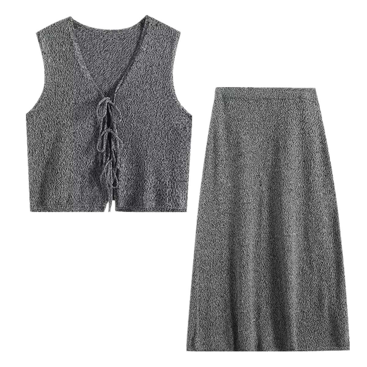 

Withered French Minimalist Two Pieces Sets Grey High Wasit Midi Skirt Women Elegant Knitted Suit Sleeveless Vest Top