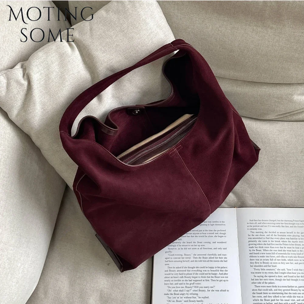 Motingsome Oversized 42cm Women Suede Bag Luxury Saddle Purses 100% Natural Suede Leather Causal Tote Rommy Commuting Purse 2024