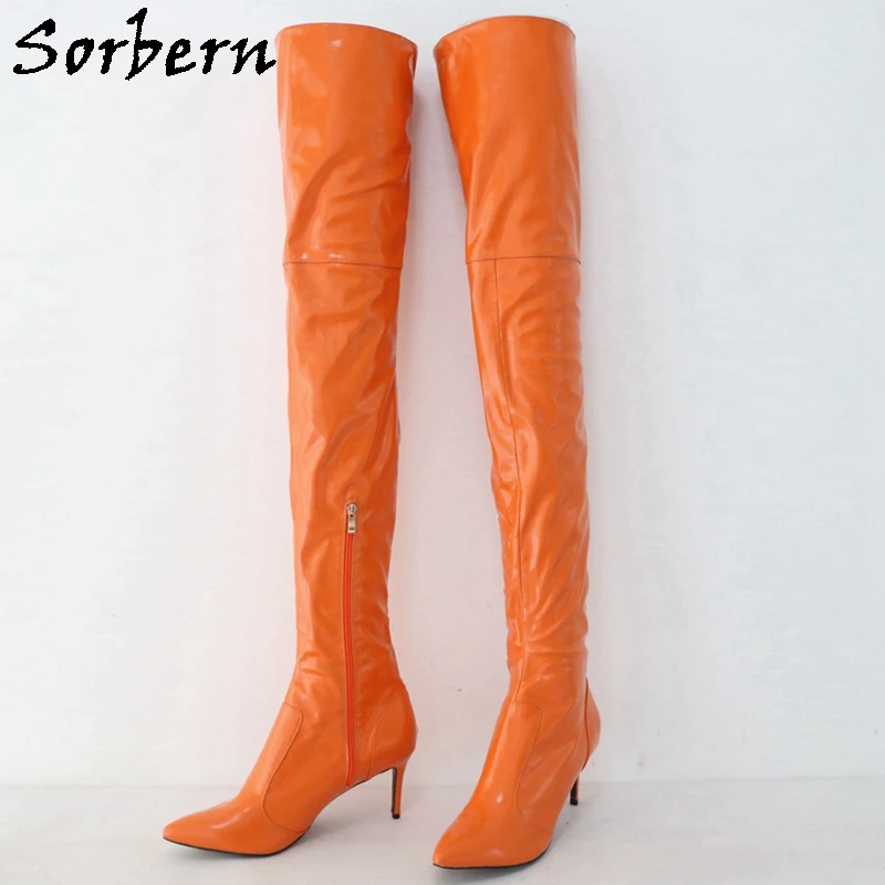 Sorbern Orange Neon 9Cm Stilettos High Heel Fetish Boots Women Pointed Toe Winter Style Plush Inside Custom Slim Leg Fit